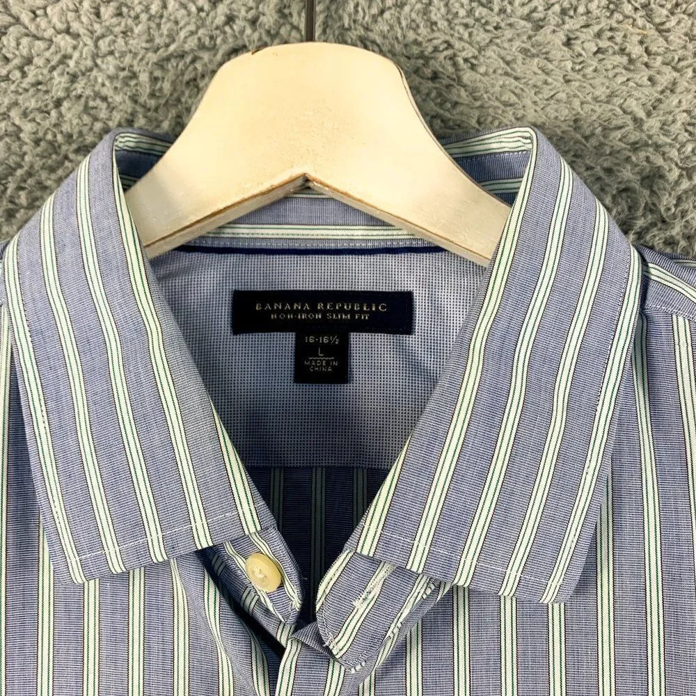 Banana Republic Shirt Mens Large‎ Slim Blue Stripe Non Iron Business Casual Camp